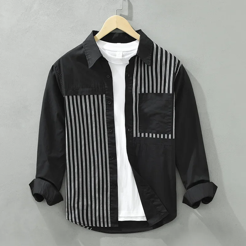 New Long Sleeve Black Shirt Men High Street Loose Shirts Casual 100% Cotton Top Patchwork Striped Shirt Youth Fashion Clothing
New Long Sleeve Black Shirt Men High Street Loose Shirts Casual 100% Cotton Top Patchwork Striped Shirt Youth Fashion Clothing