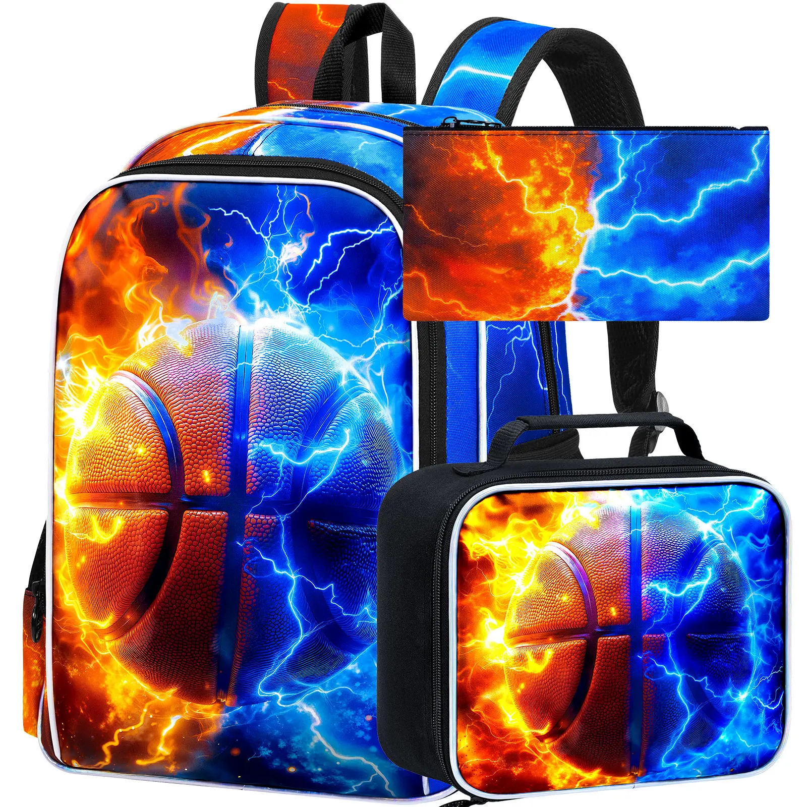 3Pcs Boys Basketball Backpack Set, 17 Inch Fire Lightning School Bag with Lunch Box Pencil Case
3Pcs Boys Basketball Backpack Set, 17 Inch Fire Lightning School Bag with Lunch Box Pencil Case