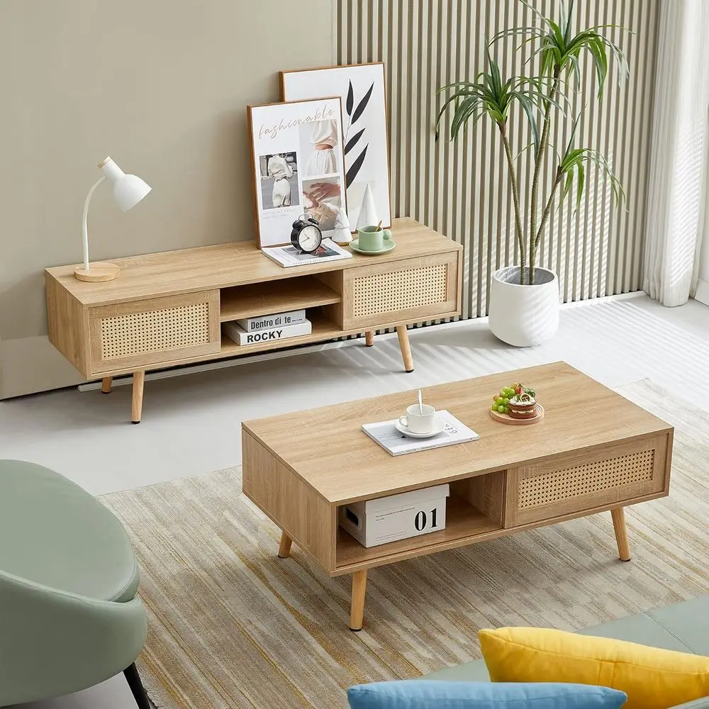 2-Piece Living Room Furniture Set: Bohemian Style Coffee Table with TV Stand and Sliding Doors
2-Piece Living Room Furniture Set: Bohemian Style Coffee Table with TV Stand and Sliding Doors