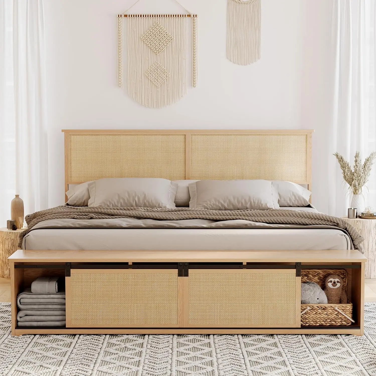 Natural Rattan Bed Frame with Sliding Barn Door Storage Cabinets and Headboard Boho Farmhouse Wood Platform Bed with Solid Wood
Natural Rattan Bed Frame with Sliding Barn Door Storage Cabinets and Headboard Boho Farmhouse Wood Platform Bed with Solid Wood