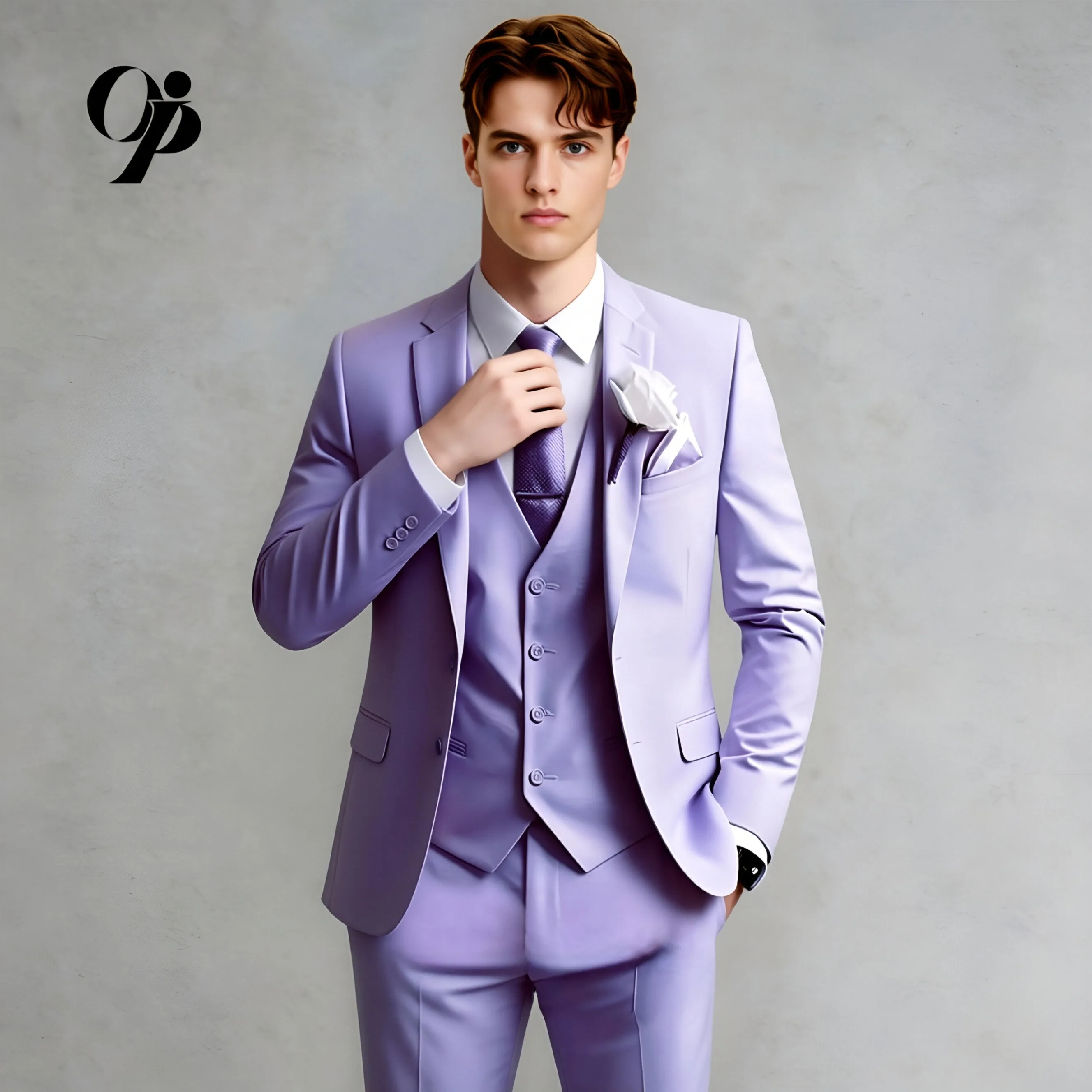 Elegant Gentleman Light Purple 3-Piece Suit Slim Fit by Opeodly Formal Wedding Wear with Smooth Fabric and Boutonniere
Elegant Gentleman Light Purple 3-Piece Suit Slim Fit by Opeodly Formal Wedding Wear with Smooth Fabric and Boutonniere