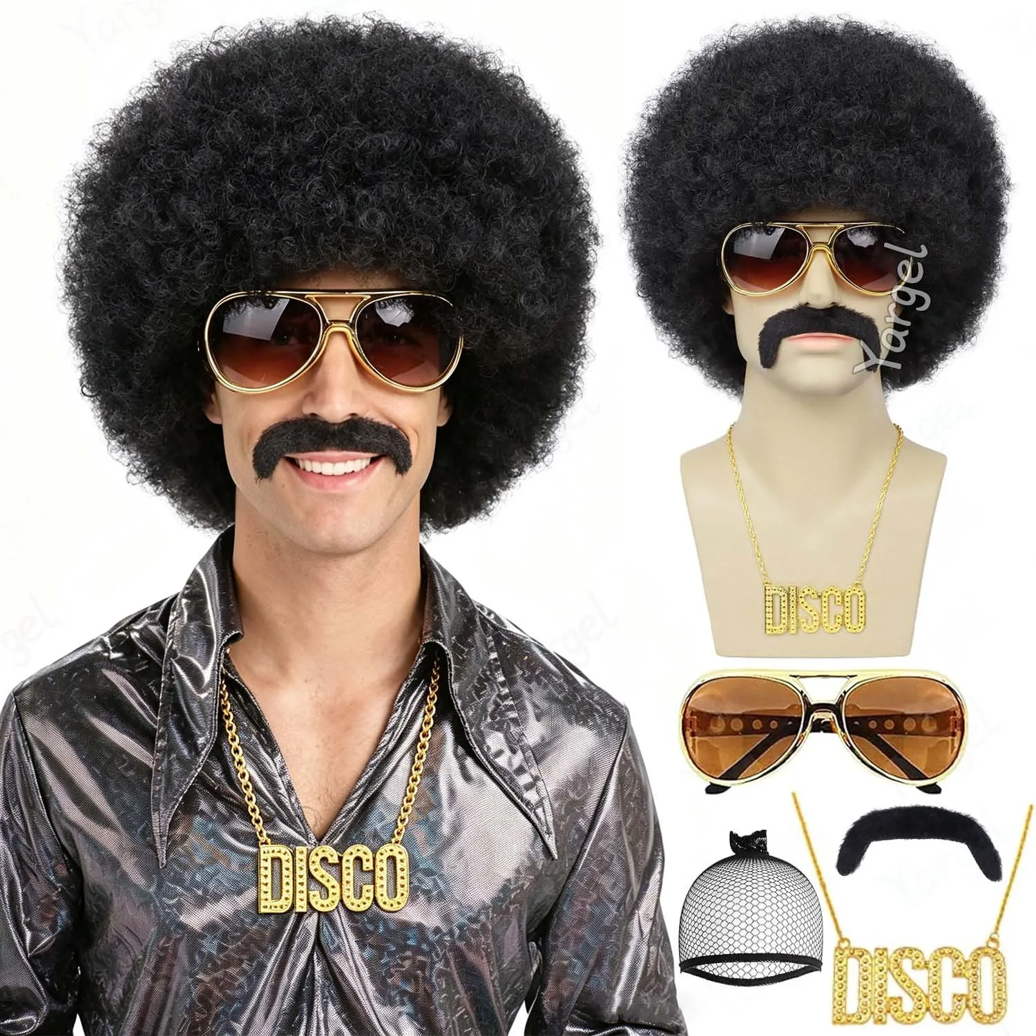 Synthetic 70s Mens Afro Wig+Glasses+Necklace Mustache,Short Curly Male Wigs for 80s Retro Disco Outfit Party Cosplay Halloween
Synthetic 70s Mens Afro Wig+Glasses+Necklace Mustache,Short Curly Male Wigs for 80s Retro Disco Outfit Party Cosplay Halloween