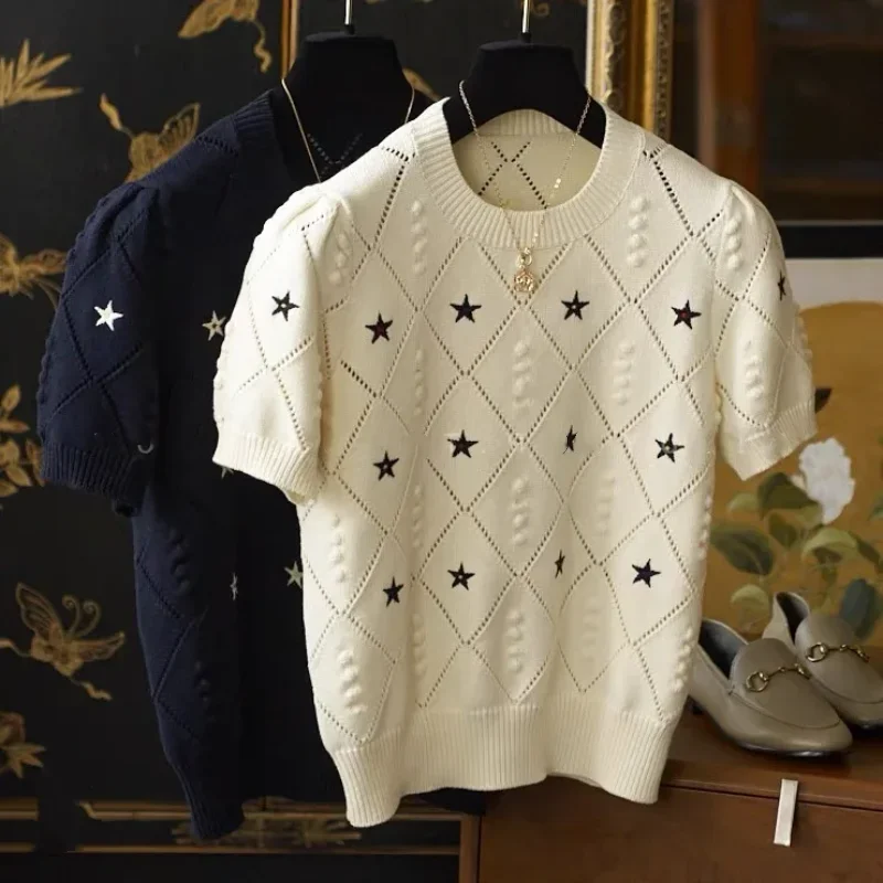 Boreathiman 2024 New Spring/Summer Star Print Short Sleeve Pullover Shirts For Women's Hollow Ice Silk Knitwear Korean T-shirt
Boreathiman 2024 New Spring/Summer Star Print Short Sleeve Pullover Shirts For Women's Hollow Ice Silk Knitwear Korean T-shirt