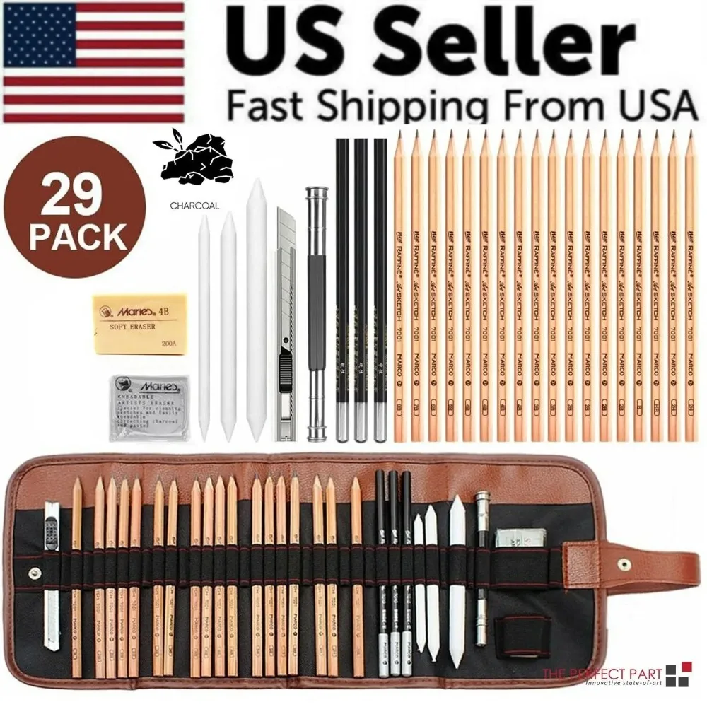 29PCS Professional Drawing Artist Set Pencil and Sketching Charcoal Art Tool Sketching Pencil Set, consisting of 18 sketching pencils, 3 mixing bars (sizes: S, M, L), 3 charcoal pencils (soft, medium, hard), 2 erasers, 1 pencil extender, and 1 art knife.
29PCS Professional Drawing Artist Set Pencil and Sketching Charcoal Art Tool Sketching Pencil Set, consisting of 18 sketching pencils, 3 mixing bars (sizes: S, M, L), 3 charcoal pencils (soft, medium, hard), 2 erasers, 1 pencil extender, and 1 art knife.