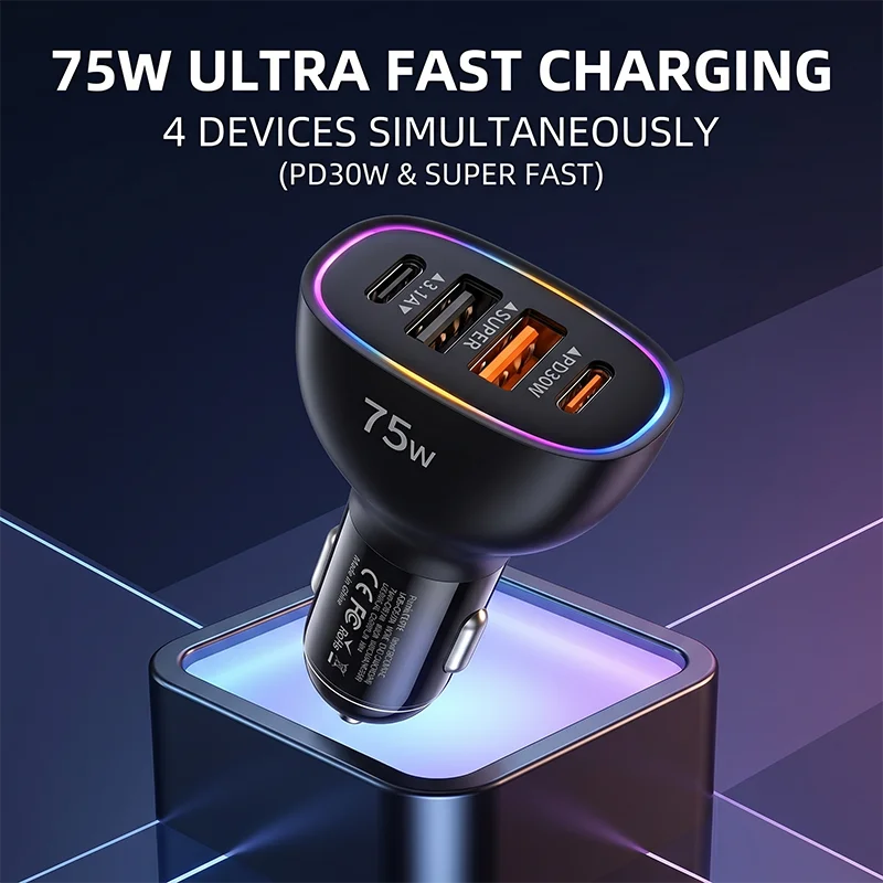 75W Type C Car Charger Adapter 4 Ports Fast Charging Auto Power Adapter Bilateral Shrapnel Stable Contact Colorful LED Ring
75W Type C Car Charger Adapter 4 Ports Fast Charging Auto Power Adapter Bilateral Shrapnel Stable Contact Colorful LED Ring