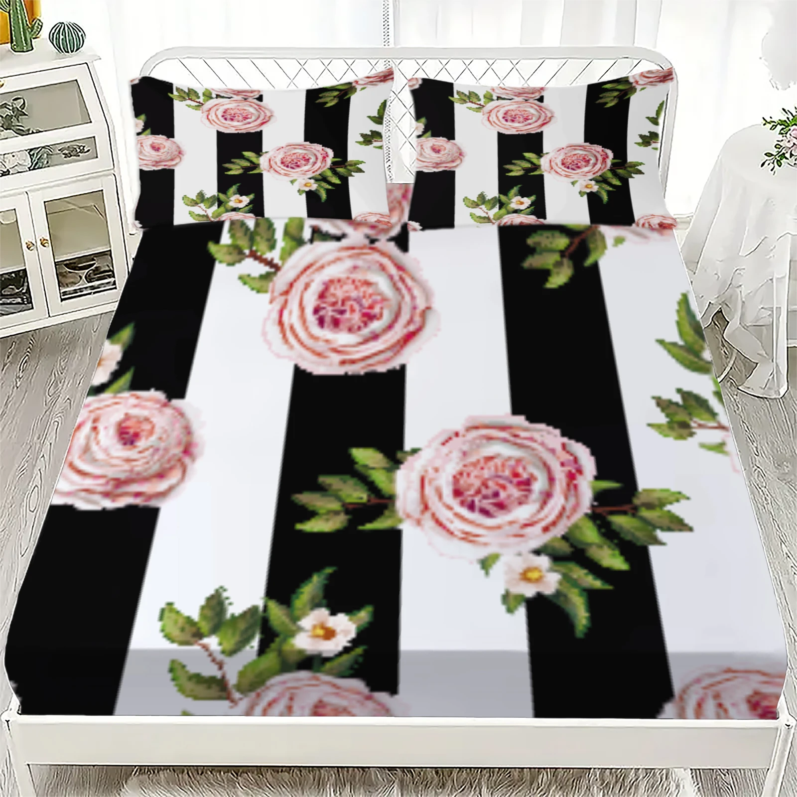 Комплект из 3 предметов: простыня на резинке с черно-белыми полосами и розовыми цветами, с наволочками, для декора спальни
Комплект из 3 предметов: простыня на резинке с черно-белыми полосами и розовыми цветами, с наволочками, для декора спальни