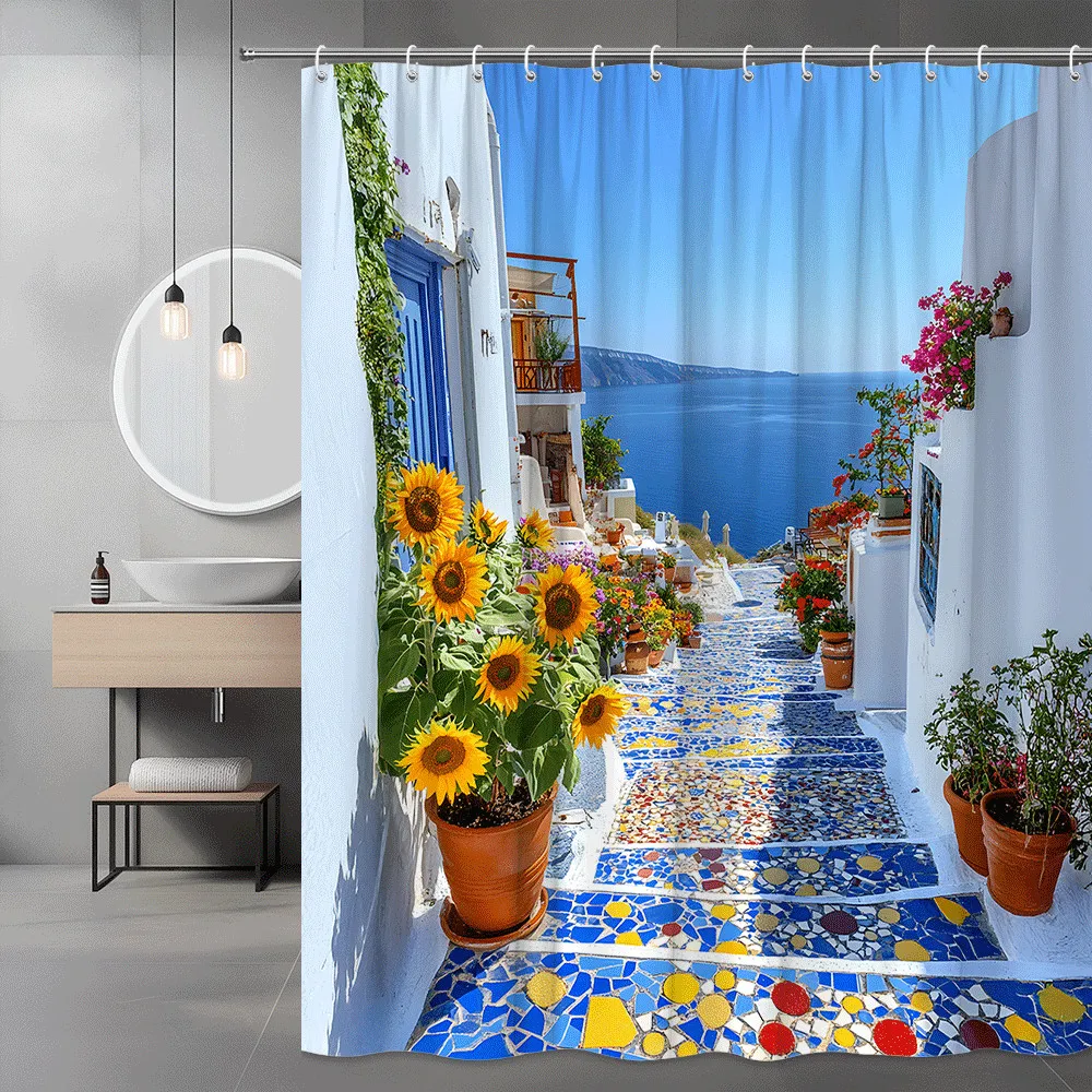 Занавеска для душа в средиземноморском стиле, сине-белая вилла, вид на море, подсолнухи, декор для ванной комнаты в греческом стиле, водонепроницаемая, быстрая установка
Занавеска для душа в средиземноморском стиле, сине-белая вилла, вид на море, подсолнухи, декор для ванной комнаты в греческом стиле, водонепроницаемая, быстрая установка
