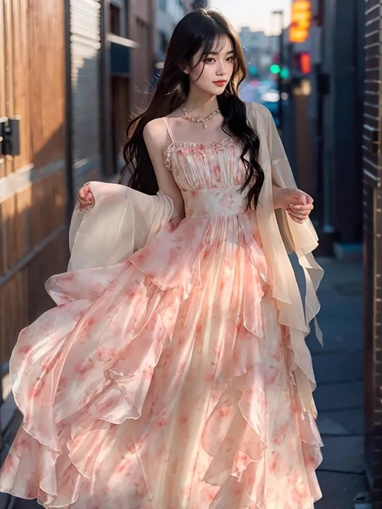 Gradient Print Fairy Lace Elegant Waist-Cinching Ruffled Strap Dress Women Summer Fairy Long Dress Cardigan Two-Piece Set
Gradient Print Fairy Lace Elegant Waist-Cinching Ruffled Strap Dress Women Summer Fairy Long Dress Cardigan Two-Piece Set