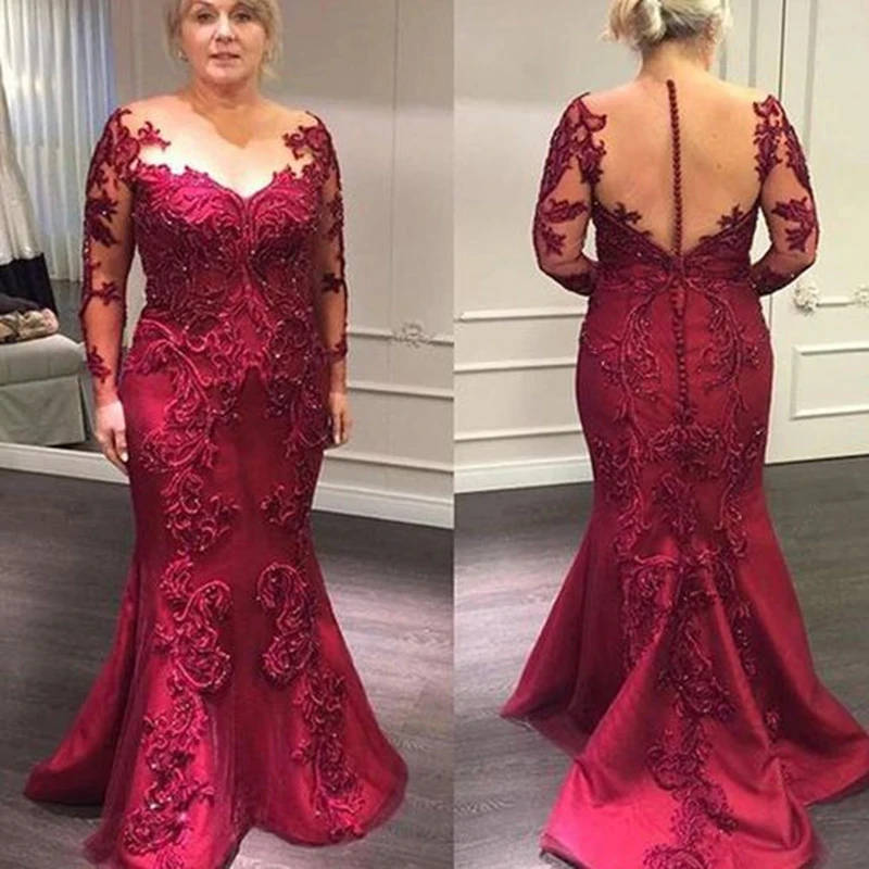 Elegant Burgundy Lace Mother of the Bride Dresses Long Sleeves Illusion Neck Wedding Party Gowns Mermaid Evening Dress
Elegant Burgundy Lace Mother of the Bride Dresses Long Sleeves Illusion Neck Wedding Party Gowns Mermaid Evening Dress
