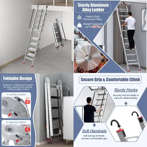 Escaleras tipo loft plegables de aluminio resistentes para literas, escalera de 8 escalones con pasamanos y ganchos, disponibles en 8,5 pies, 9 pies y 9,5