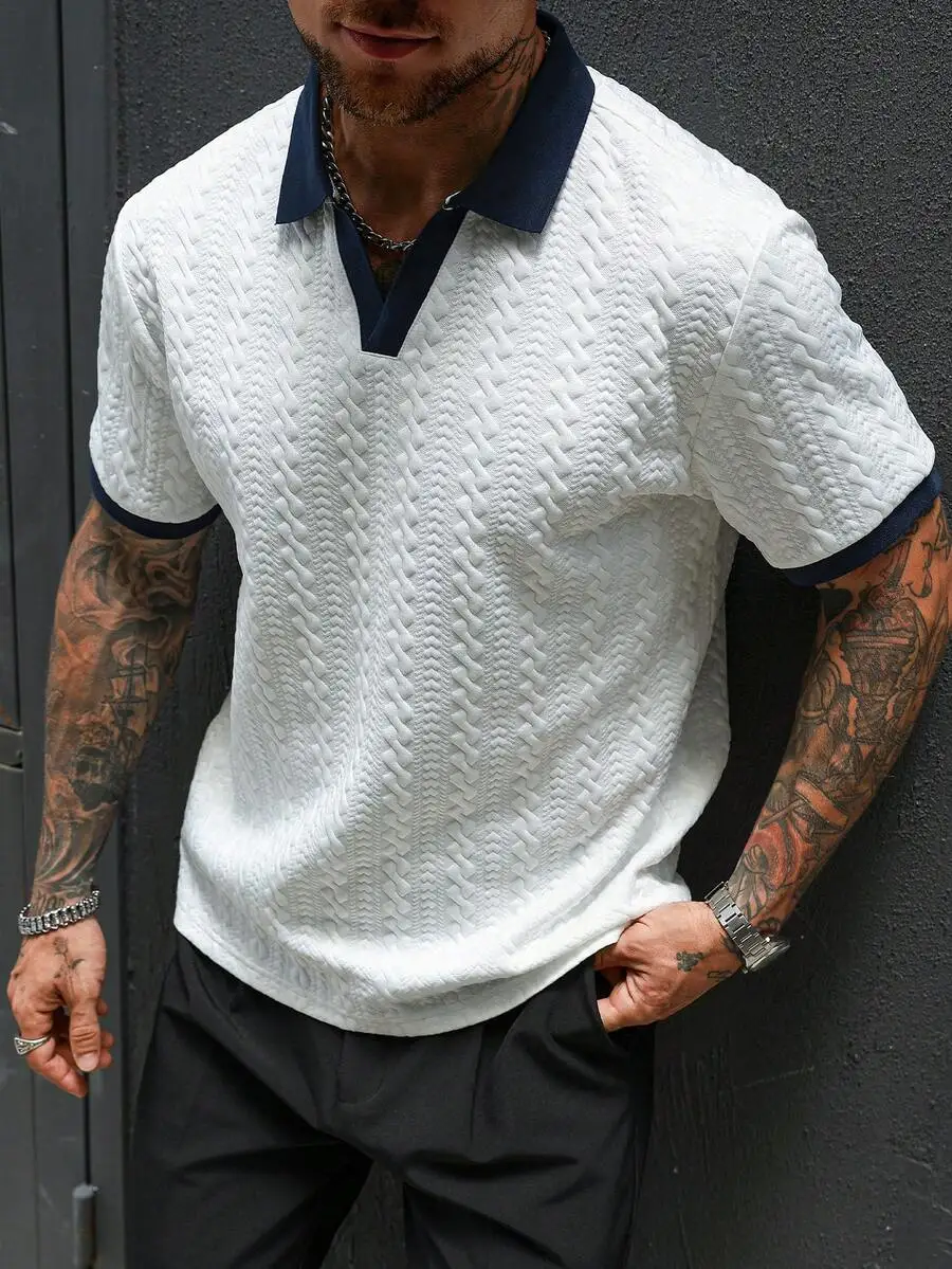 Men's Textured Contrast Collar Short Sleeve Polo Shirt - Cream with Navy Trim
Men's Textured Contrast Collar Short Sleeve Polo Shirt - Cream with Navy Trim
