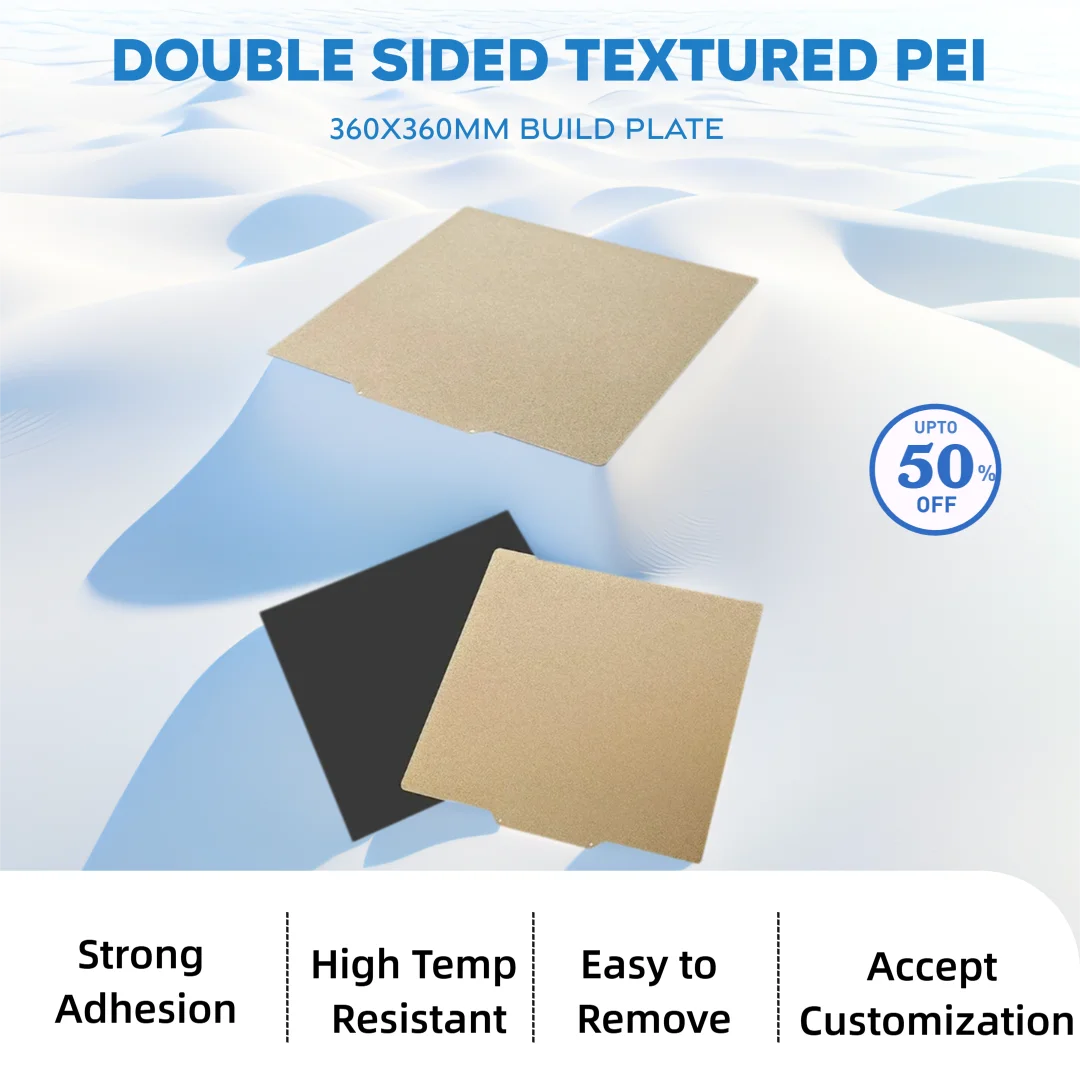 3D Printer Textured PEI Build Plate 360x360mm Double Sided Smooth PEY PET PEO Spring Steel Sheet Flexible Print Bed
3D Printer Textured PEI Build Plate 360x360mm Double Sided Smooth PEY PET PEO Spring Steel Sheet Flexible Print Bed