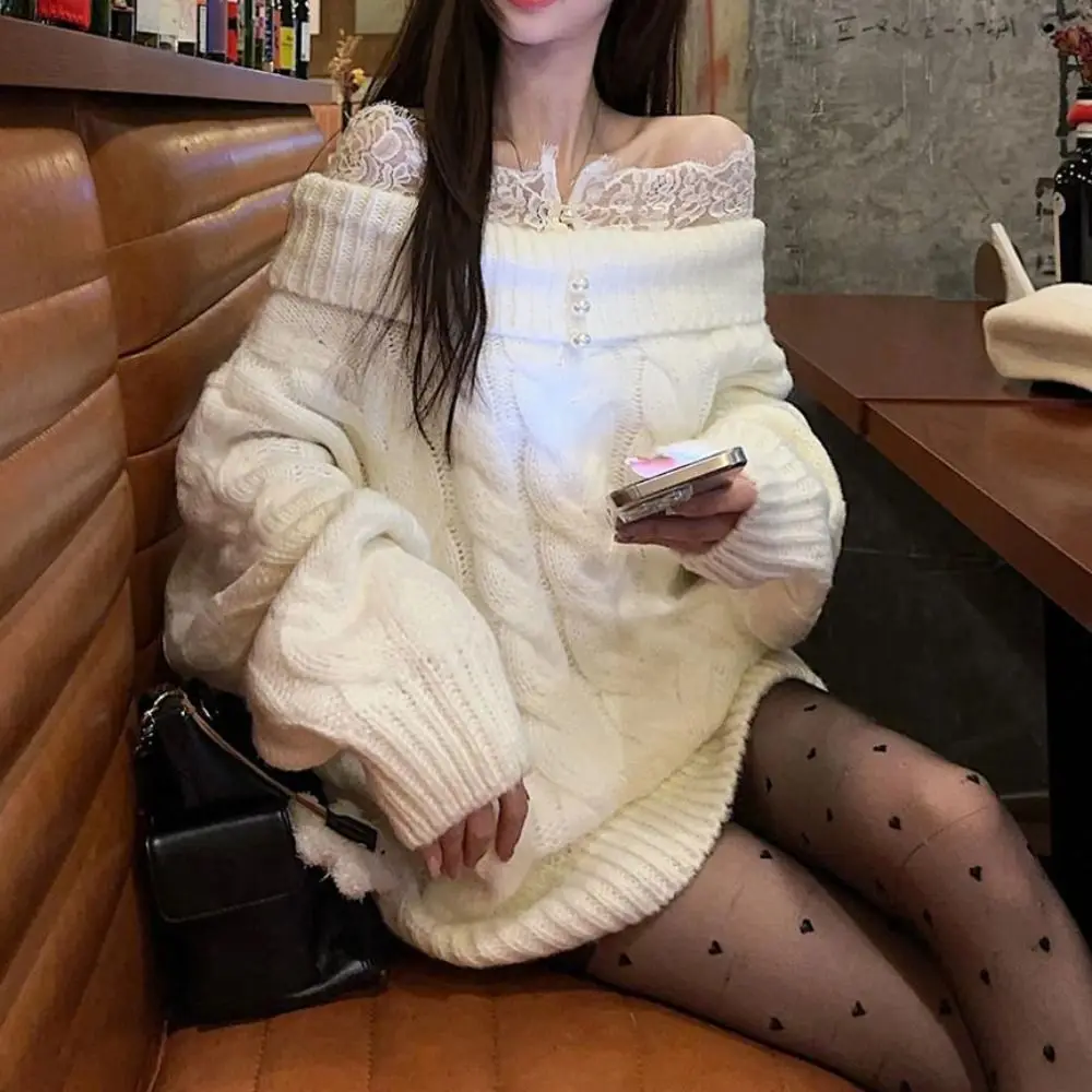 Lace Long Sleeved Knitwear Bottoming Shirt Pullover Off Shoulder Sweater Top Spring Autumn Winter Loose Knitted Top for Women
Lace Long Sleeved Knitwear Bottoming Shirt Pullover Off Shoulder Sweater Top Spring Autumn Winter Loose Knitted Top for Women