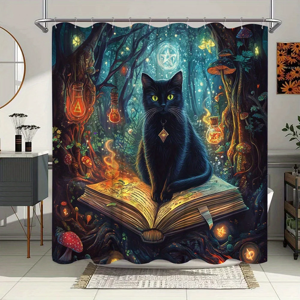 1 шт., занавеска для душа «Зачарованный лес» с черным котом и светящимся книжным дизайном — мистическая лесная сцена со светящимися грибами,
1 шт., занавеска для душа «Зачарованный лес» с черным котом и светящимся книжным дизайном — мистическая лесная сцена со светящимися грибами,