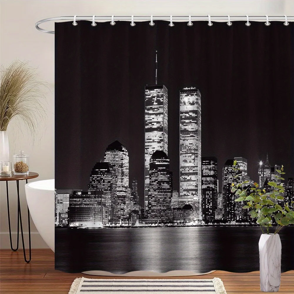 1pc Black-and-White New York City Skyline Shower Curtain, Illuminated Twin Towers and City Lights Reflected in Water, Urban Nigh
1pc Black-and-White New York City Skyline Shower Curtain, Illuminated Twin Towers and City Lights Reflected in Water, Urban Nigh