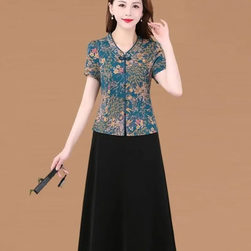 Elegant Mid-Late Adult Women's Short Sleeve Dress Chinese Style Floral Print Two-Piece Set Breathable Comfortable Long Skirt
Elegant Mid-Late Adult Women's Short Sleeve Dress Chinese Style Floral Print Two-Piece Set Breathable Comfortable Long Skirt