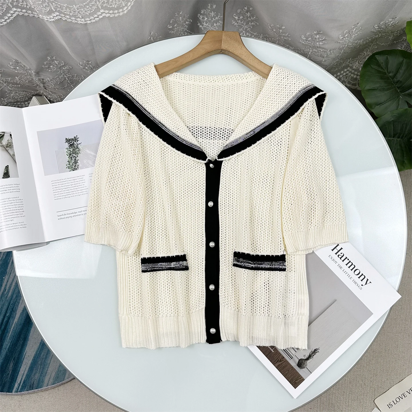 Summer 2026 Navy Collar Short Sleeve Knitted Open Cardigan Women's Fashion Style Color Block Hollow out Sweater Coat
Summer 2026 Navy Collar Short Sleeve Knitted Open Cardigan Women's Fashion Style Color Block Hollow out Sweater Coat