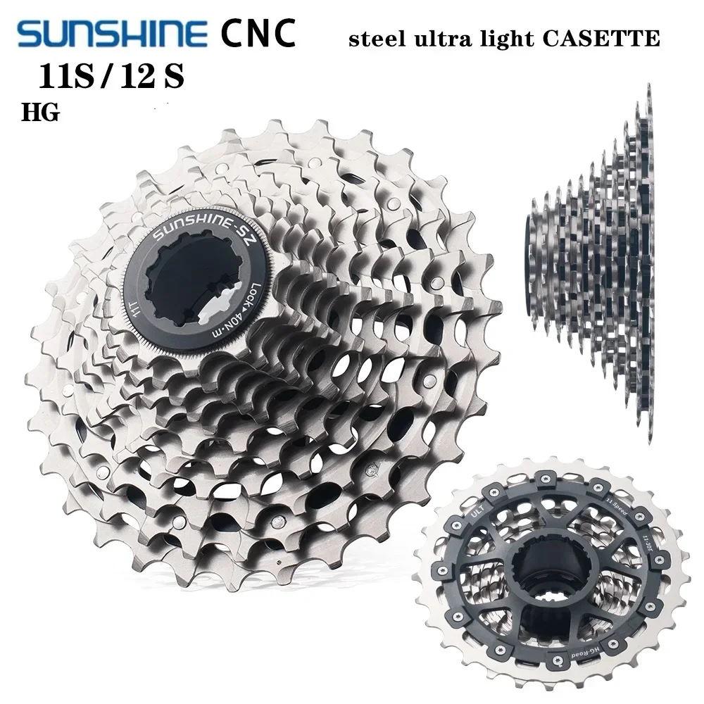 SUNSHINE Ultralight Bicycle Cassette Road Bike Freewheel Steel CNC Cutting 11/12Speed 28/30/32/34T HG Structure
SUNSHINE Ultralight Bicycle Cassette Road Bike Freewheel Steel CNC Cutting 11/12Speed 28/30/32/34T HG Structure