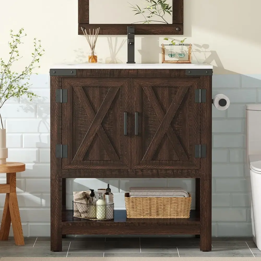 24 Rustic Brown Wood Barn Door Vanity with Sink, Open Shelf & Paper Towel Holder
24 Rustic Brown Wood Barn Door Vanity with Sink, Open Shelf & Paper Towel Holder