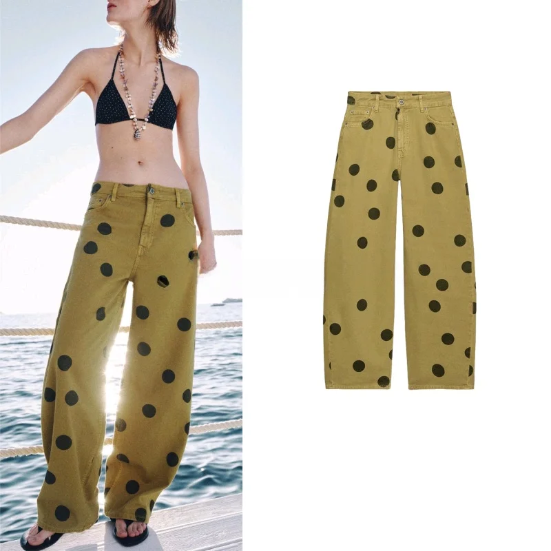 Summer New Women's Long Button Zipper Denim Pants Polka Dot Decoration Wide Leg Bucket Shape Jeans Natural Waist Polyester Fiber
Summer New Women's Long Button Zipper Denim Pants Polka Dot Decoration Wide Leg Bucket Shape Jeans Natural Waist Polyester Fiber