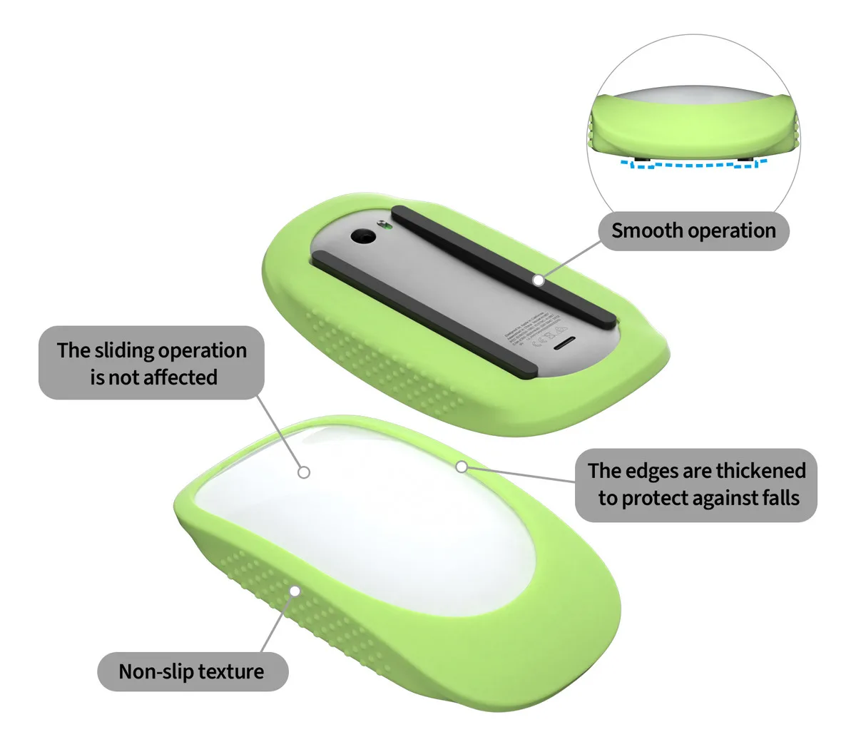 Thickened design at the thumb and pinky touch points on both sides, compatible with Apple Magic Mouse 2/1 silicone mouse covers.
Thickened design at the thumb and pinky touch points on both sides, compatible with Apple Magic Mouse 2/1 silicone mouse covers.