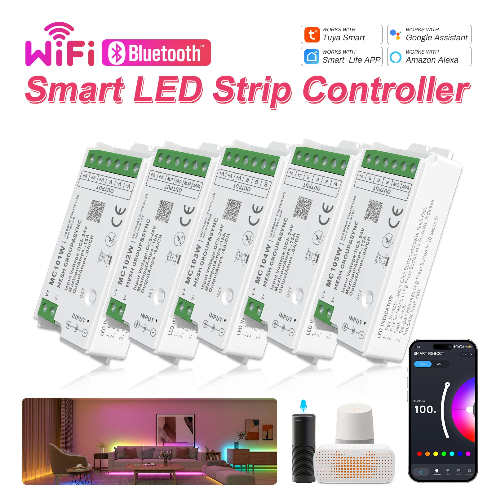 Tuya WiFi Smart LED Strip Controller SPI Dimmer RGBCCT RGBW LED Light Controller 5-24V With Remote For LED Tape Lights
Tuya WiFi Smart LED Strip Controller SPI Dimmer RGBCCT RGBW LED Light Controller 5-24V With Remote For LED Tape Lights