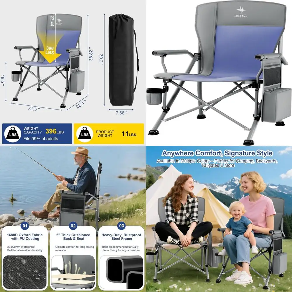 Durable XL Camping Chair with 396lb Capacity, Waterproof Oxford Fabric, Thick Padded Seat, Cup Holder, and Cooler - Ideal for Ou
Durable XL Camping Chair with 396lb Capacity, Waterproof Oxford Fabric, Thick Padded Seat, Cup Holder, and Cooler - Ideal for Ou
