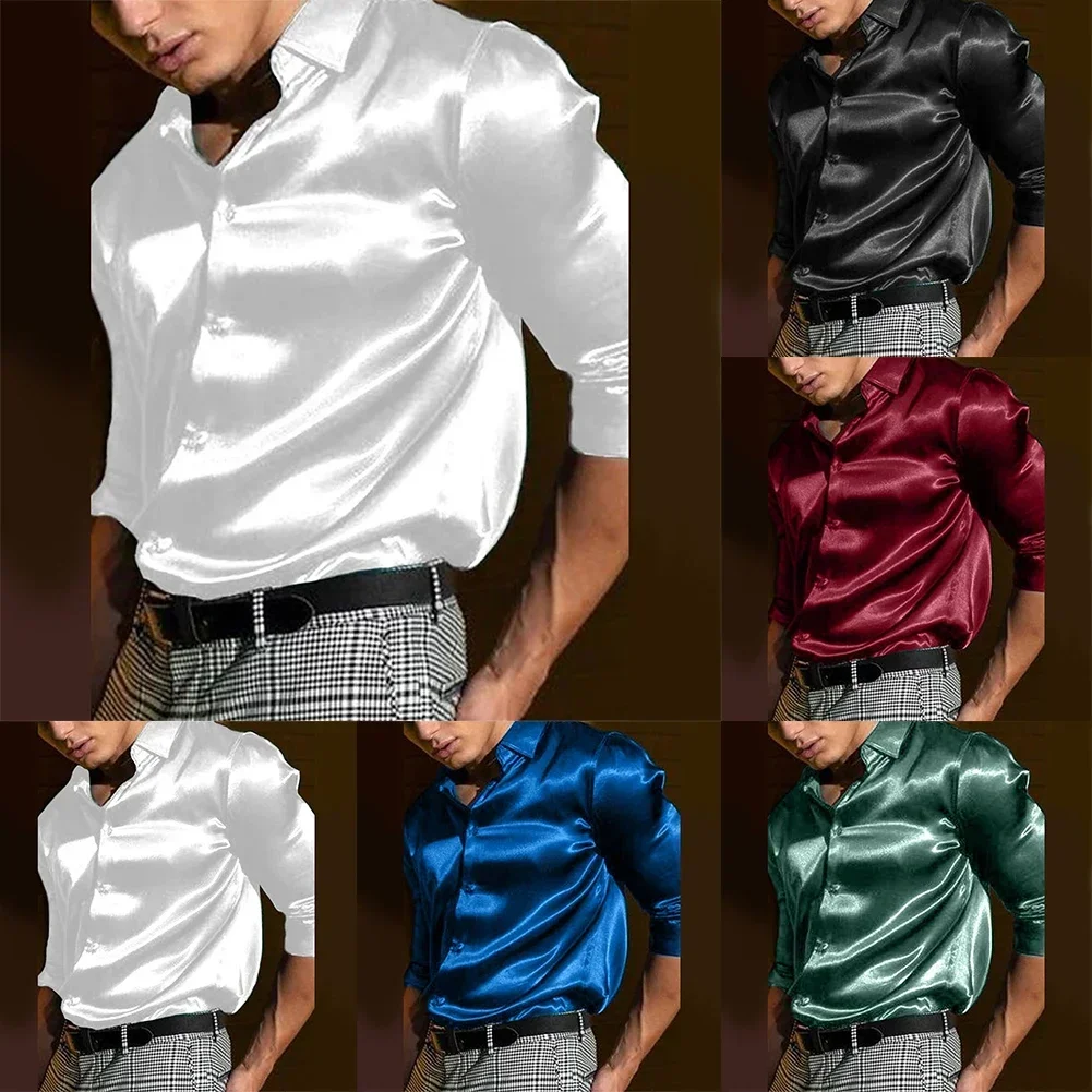 Casual Men's Satin Silky Dress Shirts Long Sleeve Social Single Breasted Turn-Down Collar Shirts Wedding Party Men clothes
Casual Men's Satin Silky Dress Shirts Long Sleeve Social Single Breasted Turn-Down Collar Shirts Wedding Party Men clothes