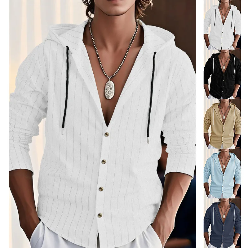 Pop Spring Autumn Men's Shirt Vertical Striped Casual Long Sleeve Shirt Hooded Drawstring Linen Cardigan Loose Beach Shirt T-shi
Pop Spring Autumn Men's Shirt Vertical Striped Casual Long Sleeve Shirt Hooded Drawstring Linen Cardigan Loose Beach Shirt T-shi