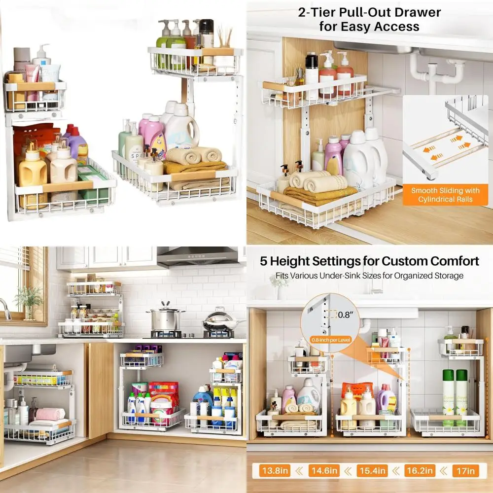 Органайзер под раковину, 2 упаковки, регулируемая высота, 2-уровневый выдвижной органайзер под шкафом, выдвижной утолщенный металлический органайзер под раковину
Органайзер под раковину, 2 упаковки, регулируемая высота, 2-уровневый выдвижной органайзер под шкафом, выдвижной утолщенный металлический органайзер под раковину