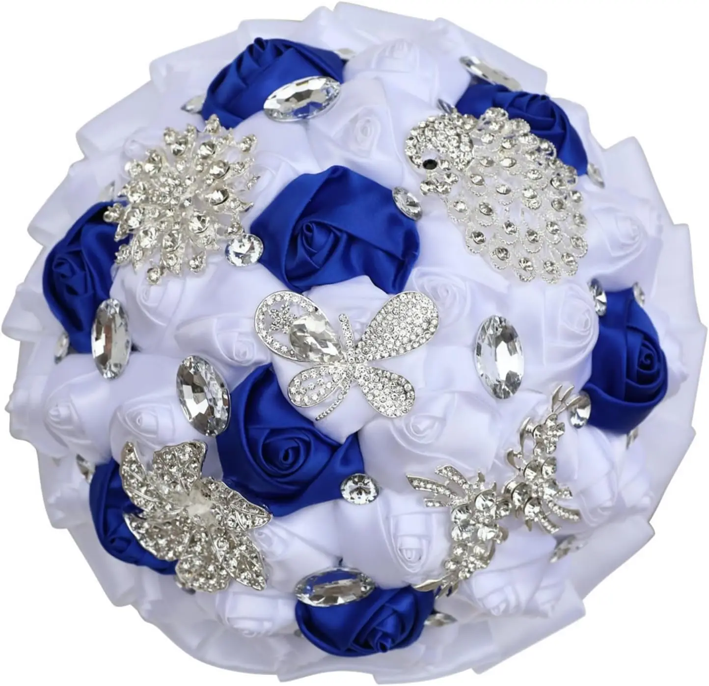 Bridal Bouquet with Rhinestone Brooch Satin Roses for Bride Bridesmaid Quinceanera Royal Blue White 9.5in
Bridal Bouquet with Rhinestone Brooch Satin Roses for Bride Bridesmaid Quinceanera Royal Blue White 9.5in