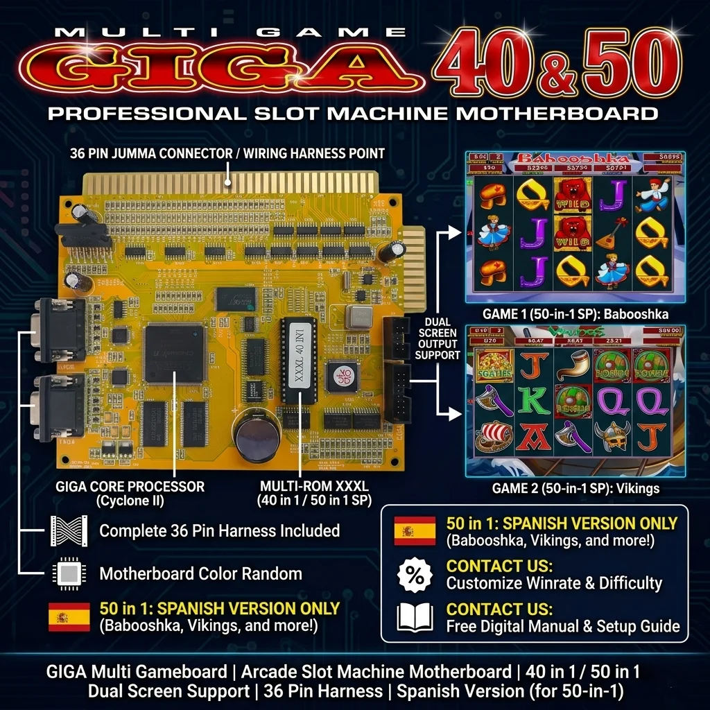 Мульигровая плата GIGA 40 в 1 / 50 в 1 для материнской платы аркадного игрового автомата - поддерживает два экрана - с 36-контактным кабелем
Мульигровая плата GIGA 40 в 1 / 50 в 1 для материнской платы аркадного игрового автомата - поддерживает два экрана - с 36-контактным кабелем