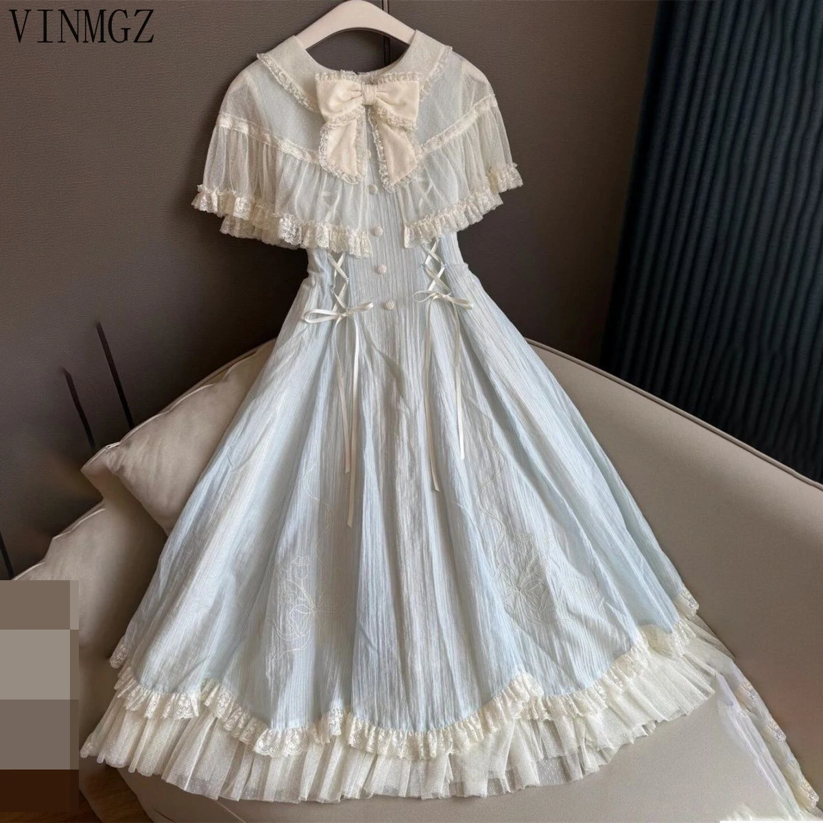 Lolita design lace bow strap ruffle edge dress summer new slim fairy birthday dress for women
Lolita design lace bow strap ruffle edge dress summer new slim fairy birthday dress for women