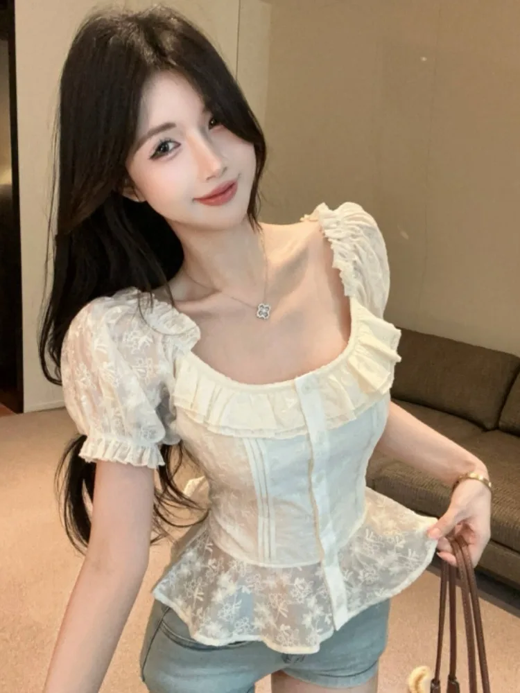 Ruffle Sleeve Short Sleeve Shirt Women's Slim Fit Short Length Shirt Summer Gentle Tanned Color Slimming Top Commute Style
Ruffle Sleeve Short Sleeve Shirt Women's Slim Fit Short Length Shirt Summer Gentle Tanned Color Slimming Top Commute Style