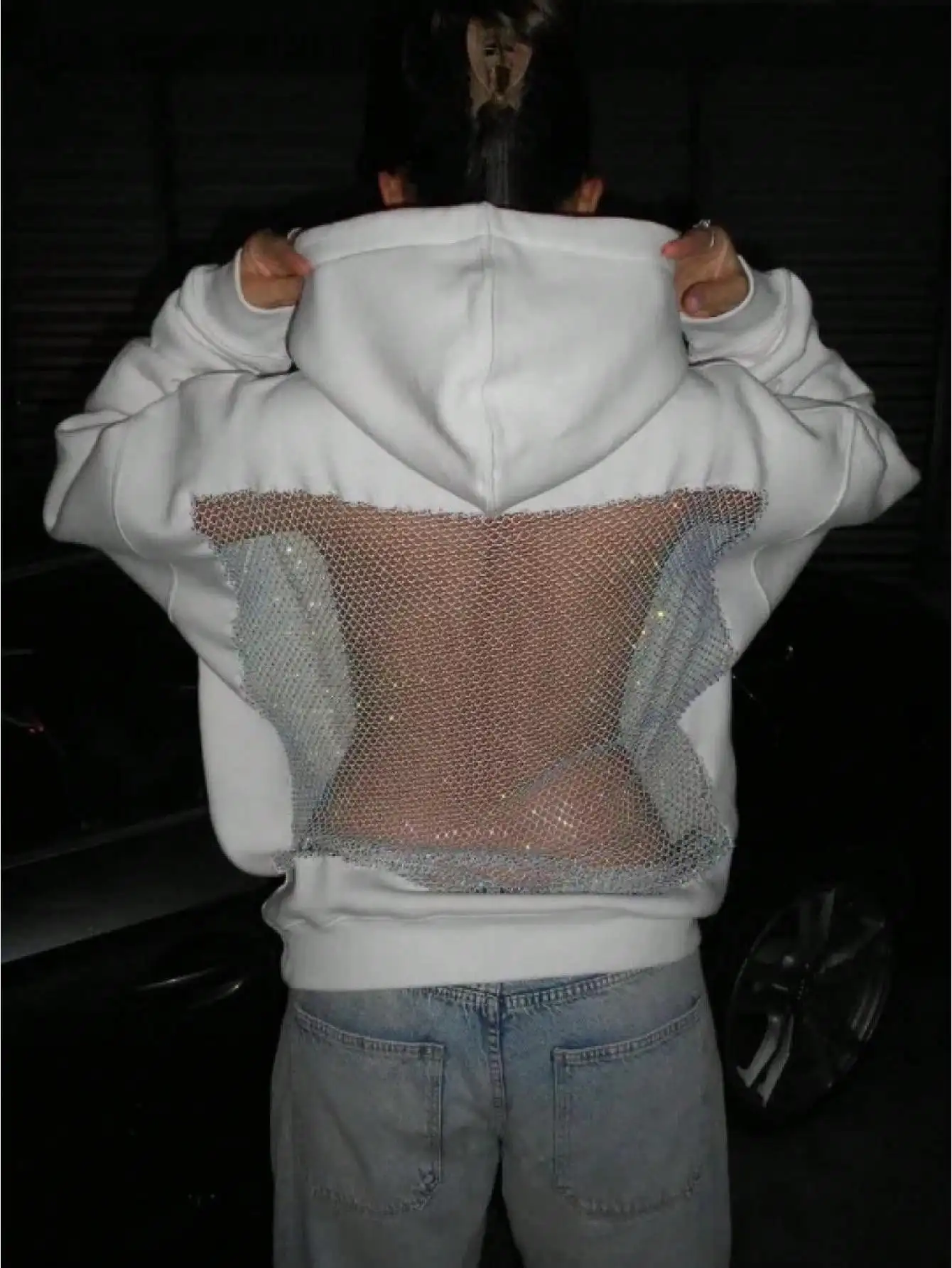 Women's White Hoodie with Sheer Mesh Back Panel and Glitter Detail
Women's White Hoodie with Sheer Mesh Back Panel and Glitter Detail