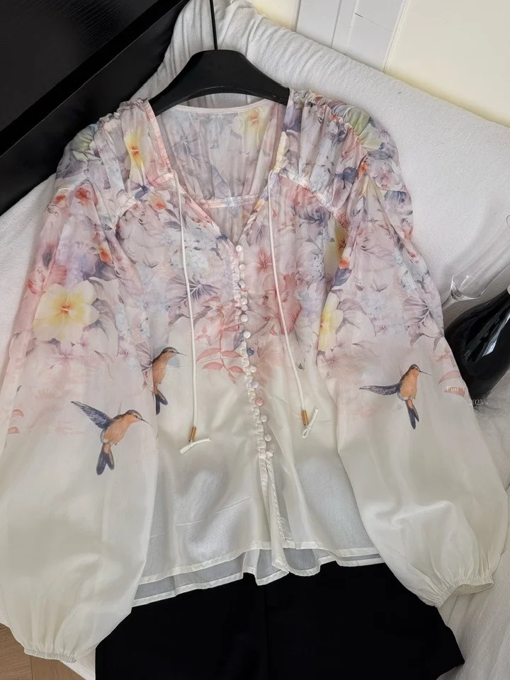 French Sle Loose Fit Casual Print irt Women's Lantern Sve V-Ne Chiffon Top Court Sle Tie Waist Autumn 2025
French Sle Loose Fit Casual Print irt Women's Lantern Sve V-Ne Chiffon Top Court Sle Tie Waist Autumn 2025