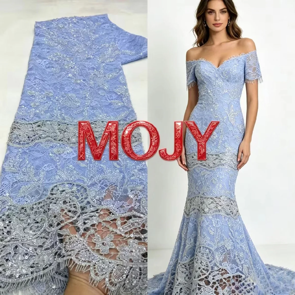 Heavy Beaded Sequined Lace Fabric, Light Blue Silver Thread Embroidery Mesh, for Wedding & Evening Gowns
Heavy Beaded Sequined Lace Fabric, Light Blue Silver Thread Embroidery Mesh, for Wedding & Evening Gowns
