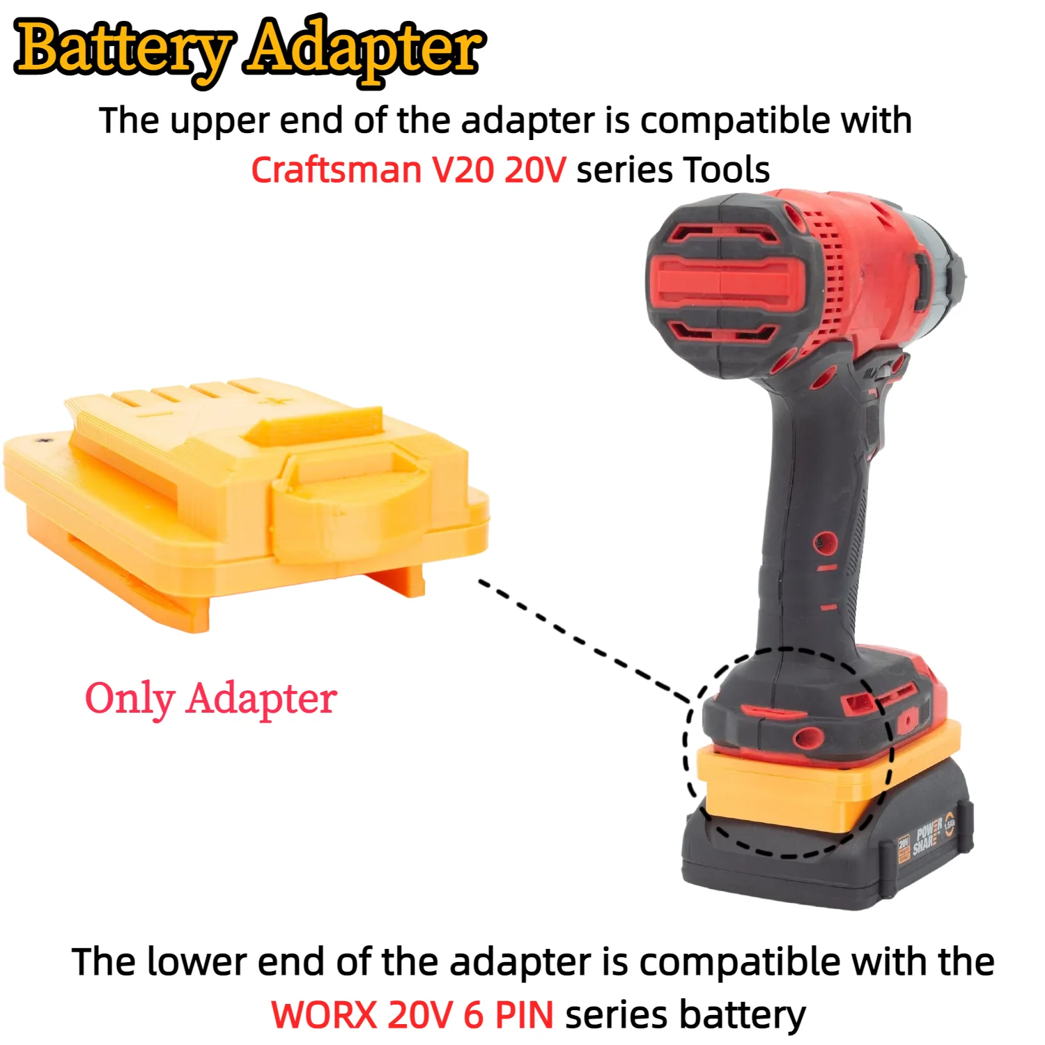 Battery Adapter/Converter for WORX 20V 6 PIN Li-ion Battery TO Craftsman V20 20V Cordless Drill Tools Accessory(Only Adapter)
Battery Adapter/Converter for WORX 20V 6 PIN Li-ion Battery TO Craftsman V20 20V Cordless Drill Tools Accessory(Only Adapter)