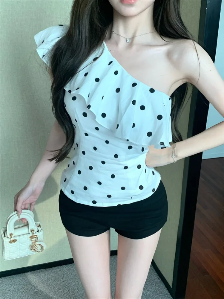 Sexy Asymmetrical Shoulder Sleeveless Vest Women's Sweet Polka Dot Irregular Summer Pure Desire Outerwear Tank Top
Sexy Asymmetrical Shoulder Sleeveless Vest Women's Sweet Polka Dot Irregular Summer Pure Desire Outerwear Tank Top
