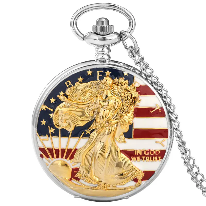 Vintage Liberty Goddess Design Pocket Watch IN GOD WE TRUST Silver Arabic Number Quartz Watches with Sweater Necklace Chain
Vintage Liberty Goddess Design Pocket Watch IN GOD WE TRUST Silver Arabic Number Quartz Watches with Sweater Necklace Chain