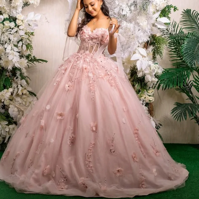 Customized Pink Off Shoulder Quinceanera Dress sequin applique Lace 3D flower trailing vestidos de 15 Quinceanera
Customized Pink Off Shoulder Quinceanera Dress sequin applique Lace 3D flower trailing vestidos de 15 Quinceanera