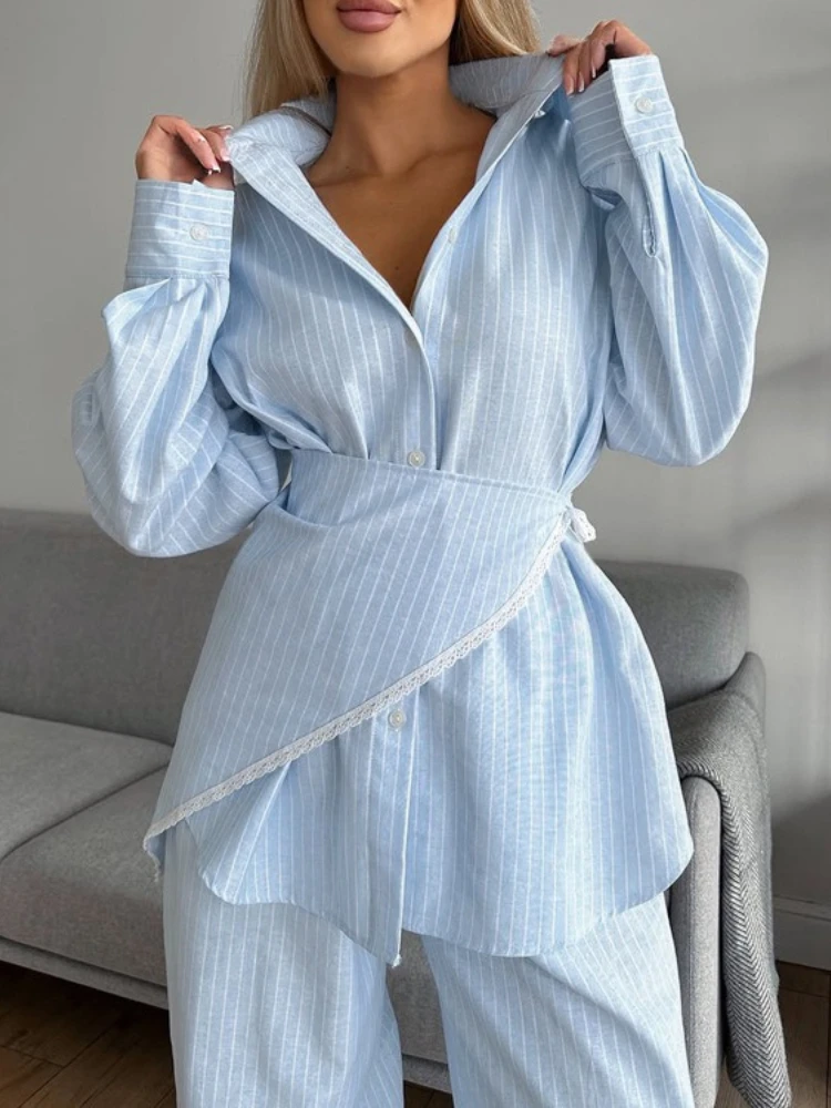 Spring Summer Fashion Loose Blue Stripe Women's 3 Pieces Set Elegant Long Sleeve Shirt + Corset with High Waist Wide Pants Set
Spring Summer Fashion Loose Blue Stripe Women's 3 Pieces Set Elegant Long Sleeve Shirt + Corset with High Waist Wide Pants Set