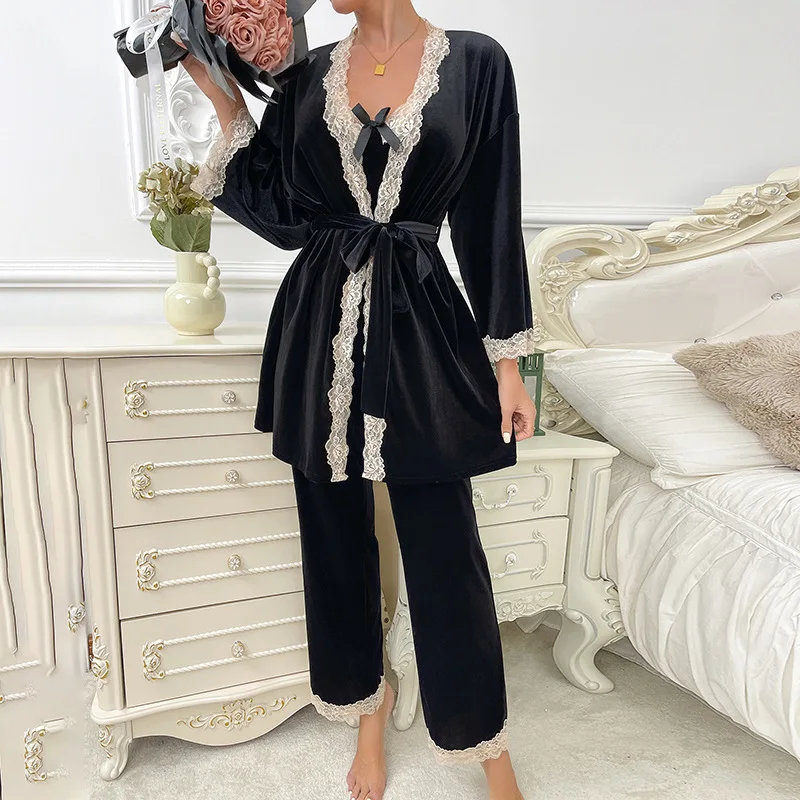 Luxury Velvet Pajama Sets Soft Home Clothes Sexy Lace Edge Night Wear Trouser Sets Bow Cami Top+Pant+Robe 3 pcs Winter Sleepwear
Luxury Velvet Pajama Sets Soft Home Clothes Sexy Lace Edge Night Wear Trouser Sets Bow Cami Top+Pant+Robe 3 pcs Winter Sleepwear