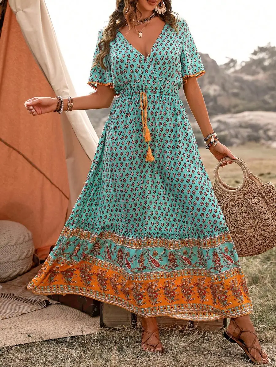 Women Floral Print Waist Tie Ruffled Short Sleeve Maxi Dress
Women Floral Print Waist Tie Ruffled Short Sleeve Maxi Dress