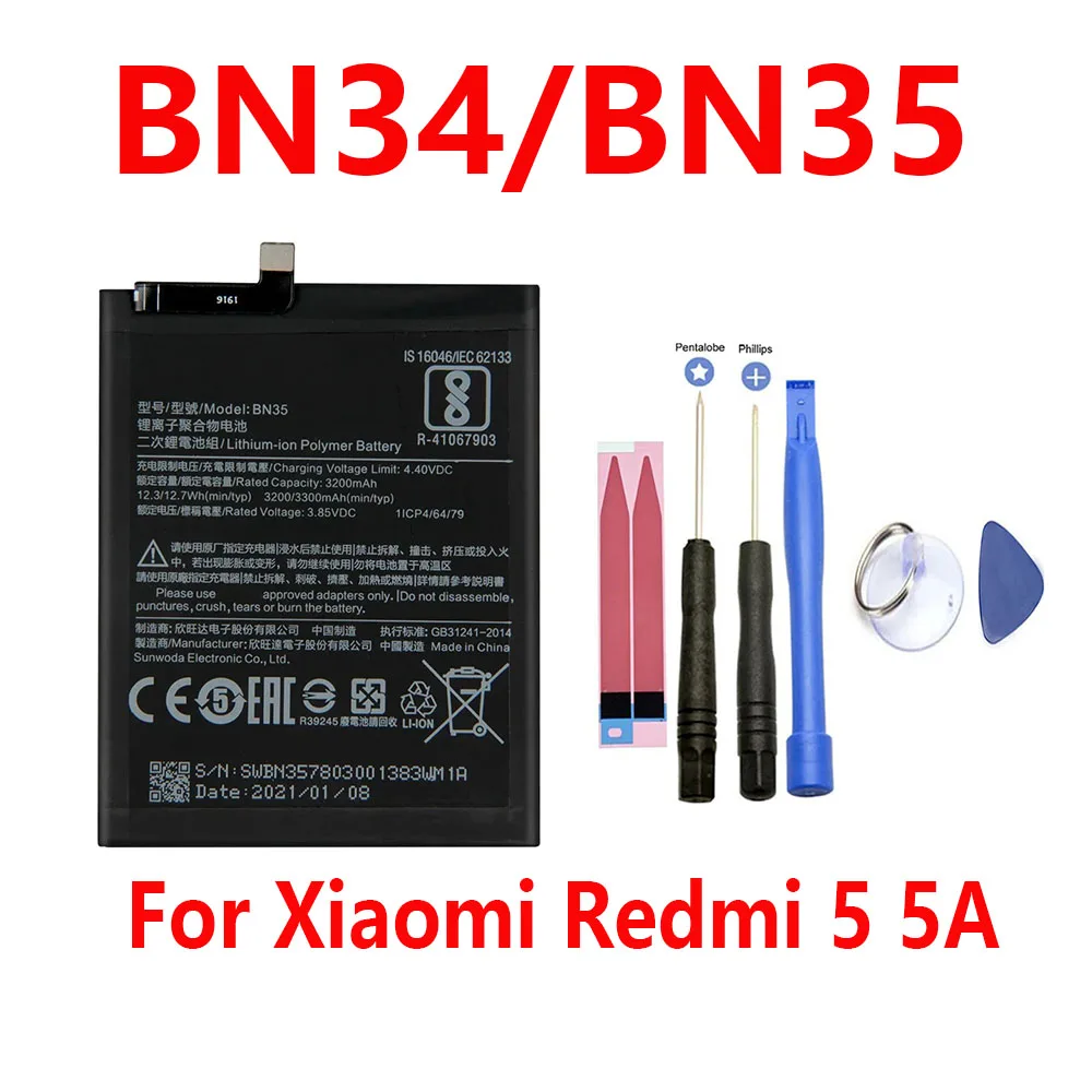 2026 year BN34 BN35 2910mAh 3300mAh Battery For Xiaomi Redmi 5 5A mobile phone battery +Free Tools
2026 year BN34 BN35 2910mAh 3300mAh Battery For Xiaomi Redmi 5 5A mobile phone battery +Free Tools