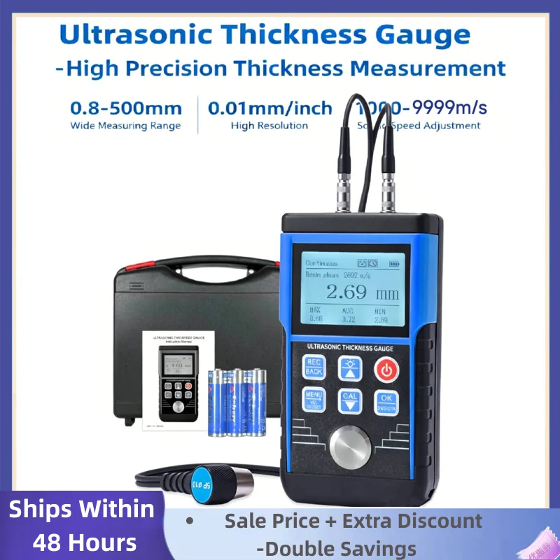 Ultrasonic Thickness Gauge 0.8-500mm 0.01mm Resolution Handheld for Metal/Steel with Sound Velocity Measurement Data Storage
Ultrasonic Thickness Gauge 0.8-500mm 0.01mm Resolution Handheld for Metal/Steel with Sound Velocity Measurement Data Storage