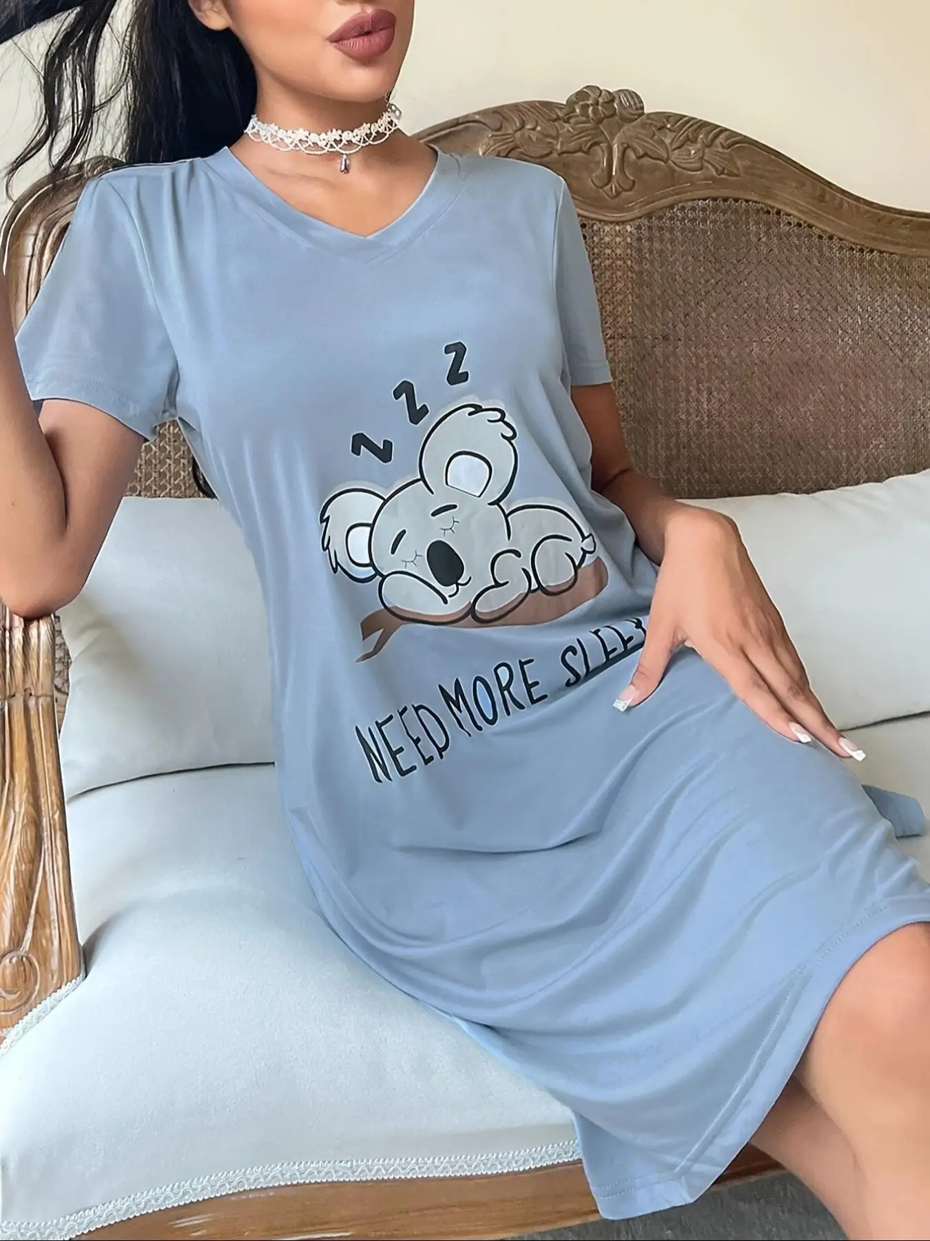 Women's Light Blue V-Neck Sleepshirt with Cute Koala Cartoon Print, Side Slit Hem & Breathable Fabric All-Season Loungewear
Women's Light Blue V-Neck Sleepshirt with Cute Koala Cartoon Print, Side Slit Hem & Breathable Fabric All-Season Loungewear