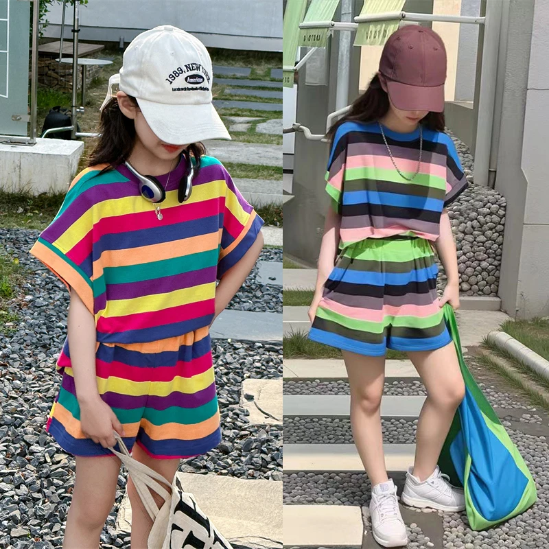 Kids Girl Summer Cotton Rainbow Stripe T-shirt And Shorts Clothing Set Children Fashion Street Style Clothes Suit 2PCS Tracksuit
Kids Girl Summer Cotton Rainbow Stripe T-shirt And Shorts Clothing Set Children Fashion Street Style Clothes Suit 2PCS Tracksuit