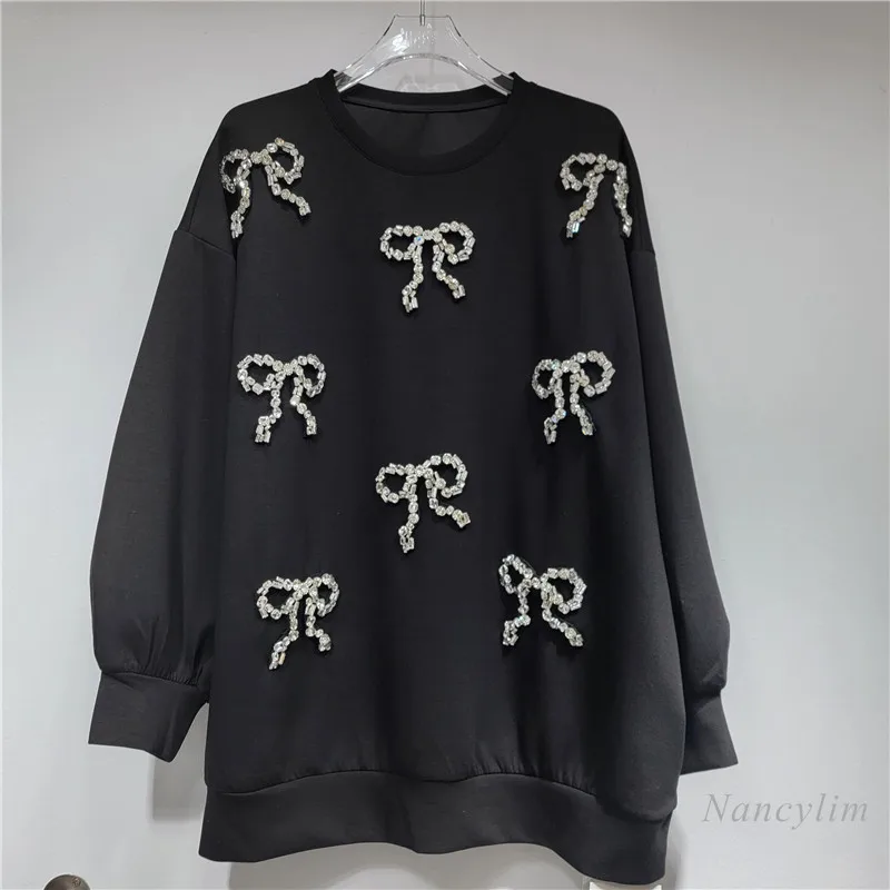 Spring Autumn New Women's Heavy Industry Diamond-encrusted Bow Round Neck Long-sleeved Casual Loose Design Top Hoodies Pullovers
Spring Autumn New Women's Heavy Industry Diamond-encrusted Bow Round Neck Long-sleeved Casual Loose Design Top Hoodies Pullovers