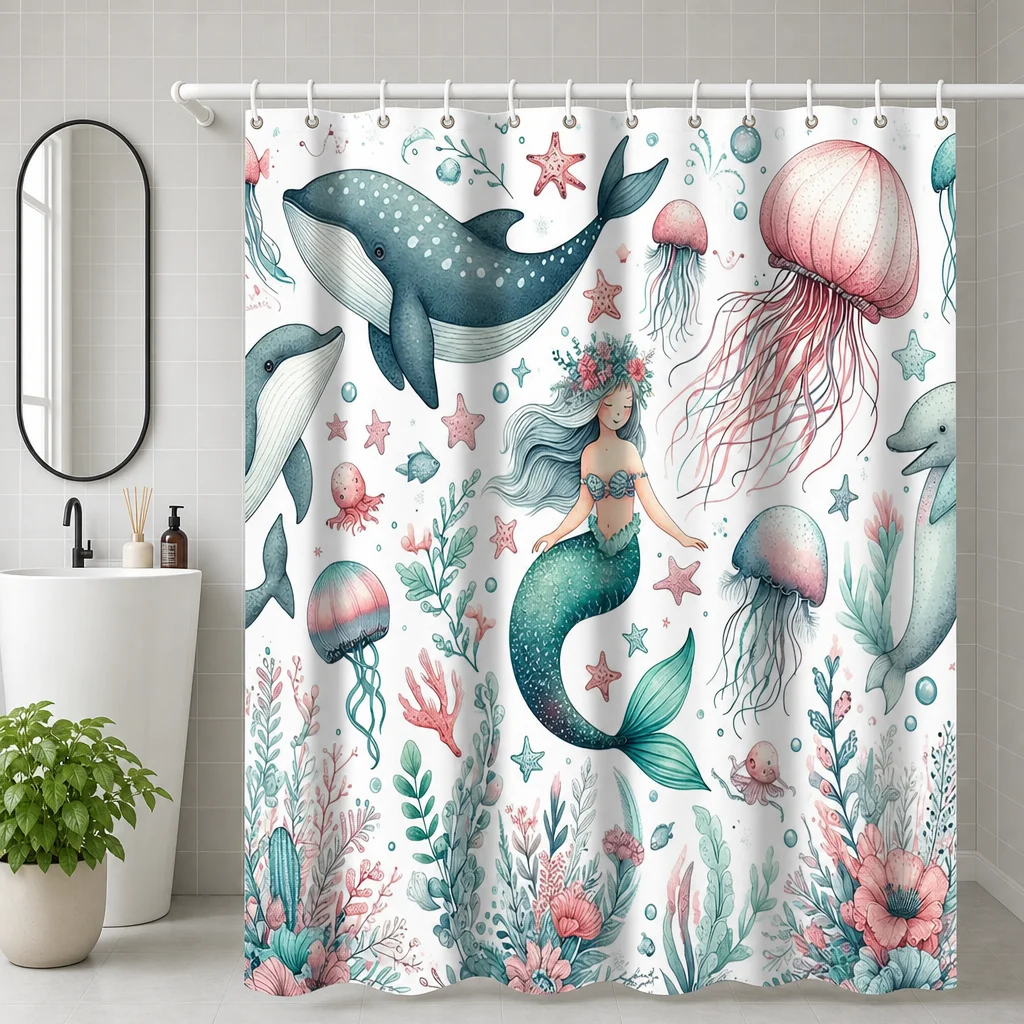 Watercolor Mermaid Shower Curtain Cute Whale Dolphin Bath Curtains Kids Girl Waterproof Polyester Dreamy Bathroom Decorations
Watercolor Mermaid Shower Curtain Cute Whale Dolphin Bath Curtains Kids Girl Waterproof Polyester Dreamy Bathroom Decorations